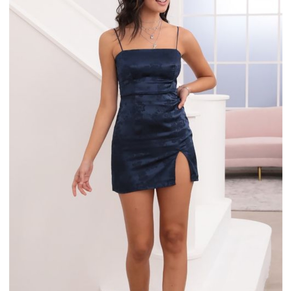 Navy Blue Jacquard Mini Night Party Cocktail Dress Lucy in the Sky - S/M